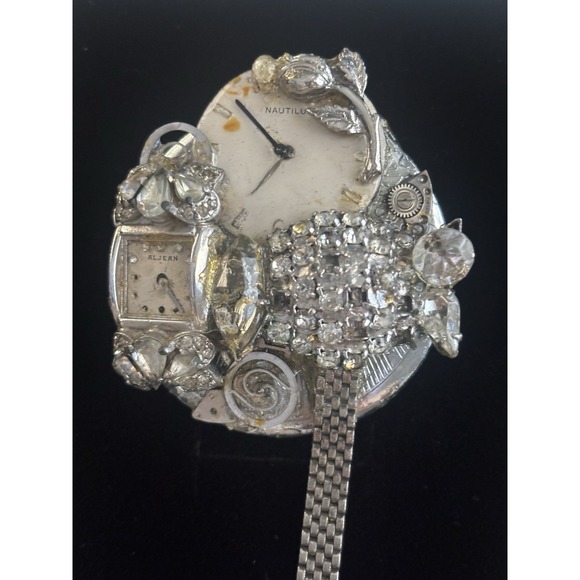 Steampunk Brooch Watch Dial Parts Rhinestones One Of A Kind Piece Of Art - Picture 2 of 8